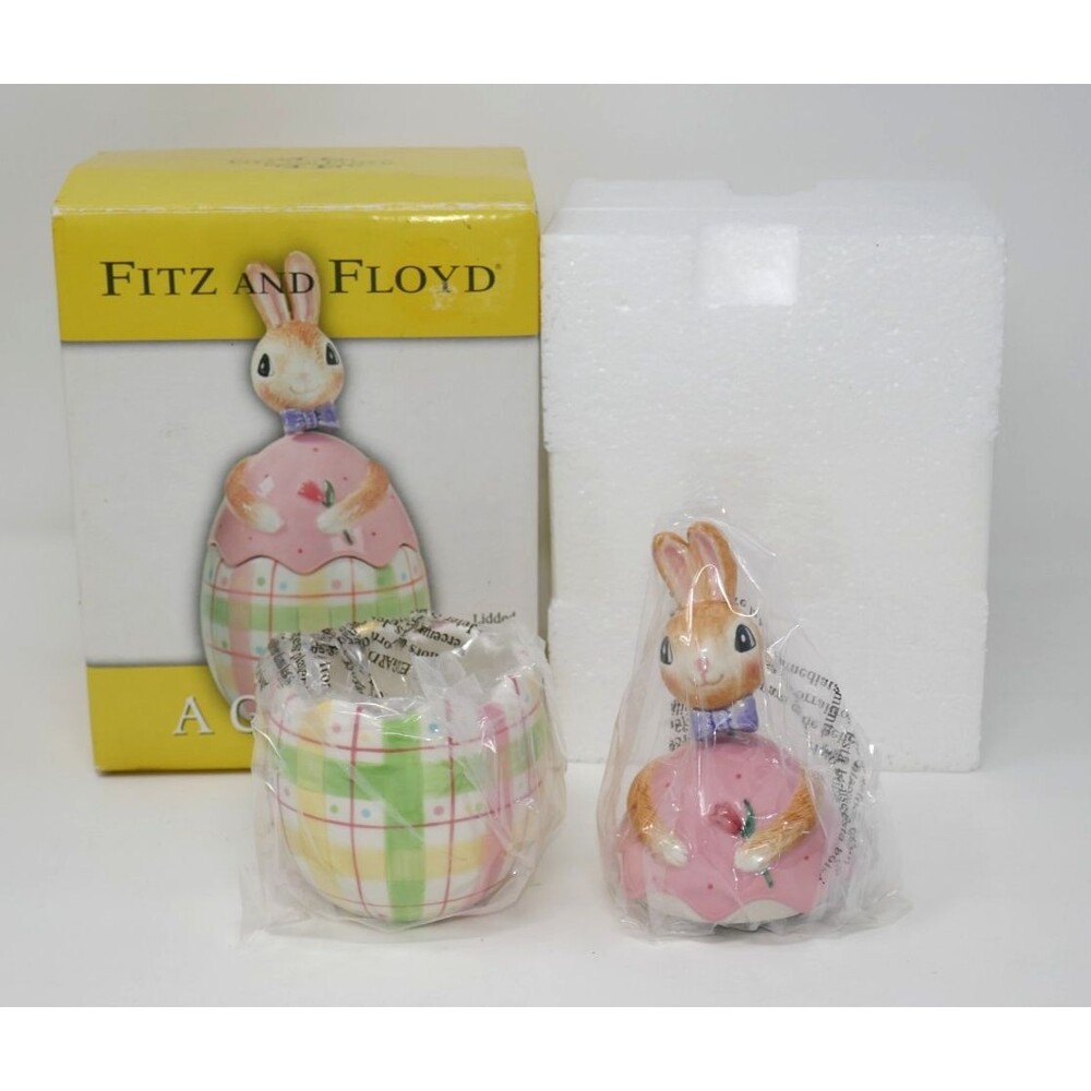 Fitz & Floyd A Good Egg Bobblehead Nodder Easter Bunny Ceramic Lidded Box NEW